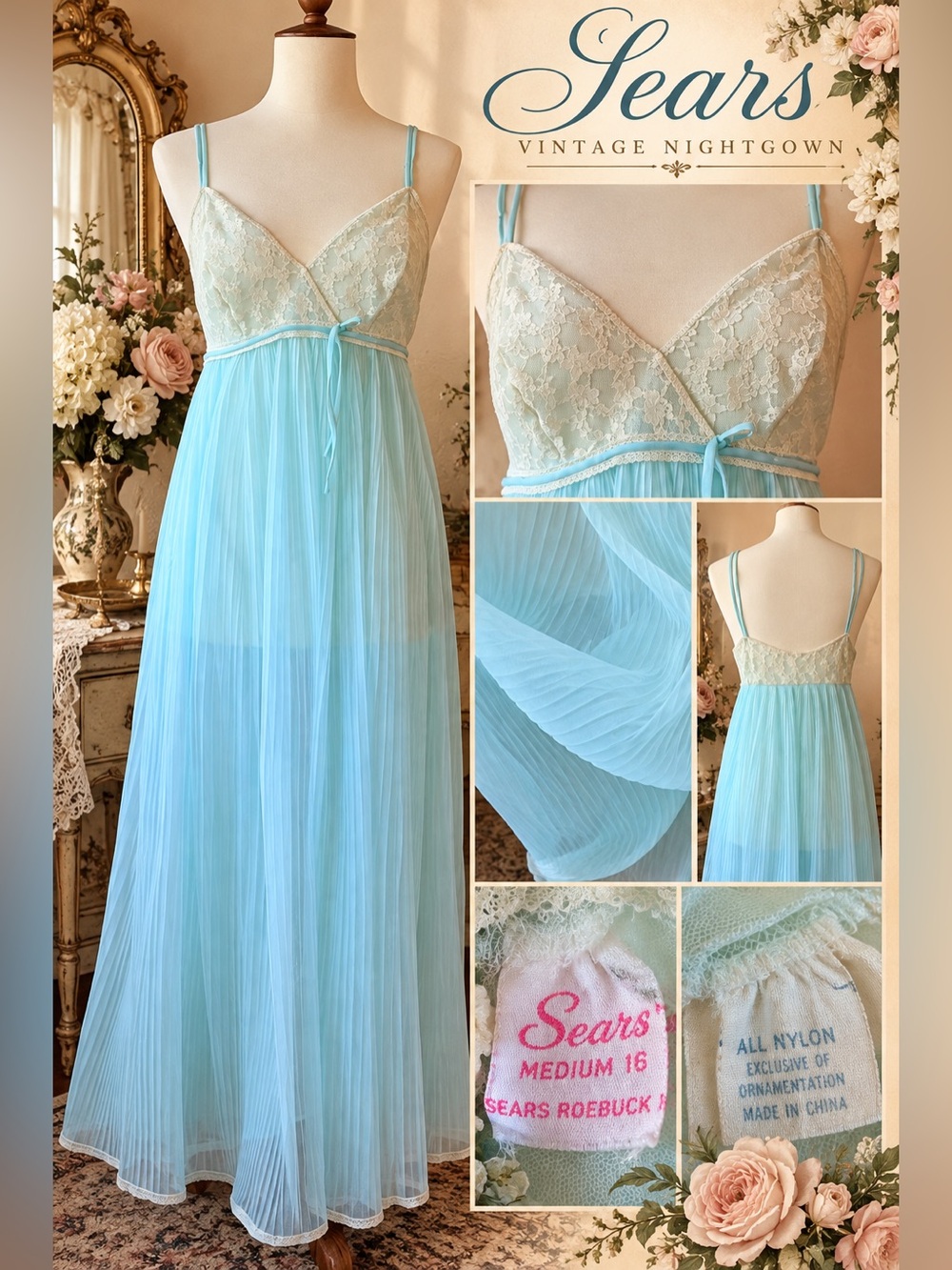🩵 Vintage Sears Aqua Pleated Chiffon Nightgown — Size Medium